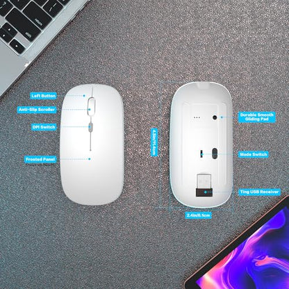 AIKOKOK Wireless Bluetooth Mouse, Rechargeable Dual Mode Mouse,Bright White | BT 5.2 & 2.4G USB Receiver, 3 Adjustable DPI,LED Lights,Slim,Silent,Portable Computer Mouse for Laptop,PC,MacBook,iPad,Tablet - color: Bright White