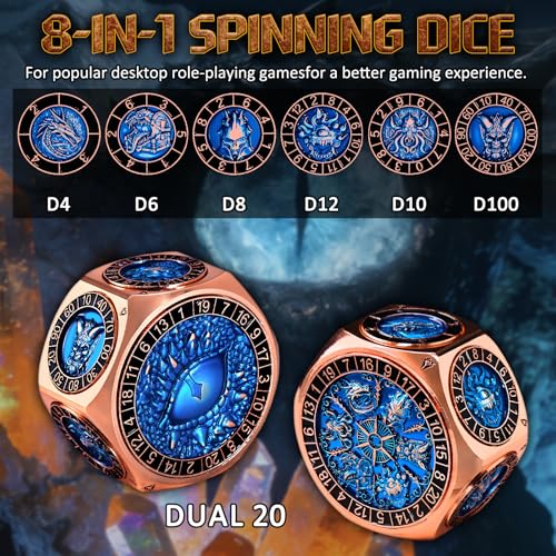 ZHOORQI 8-in-1 DND Dice Set – Metal Spinner Dice with Dual D20, 3D Monster Engravings & Smooth Spinning – Perfect for TTRPG, D and D Dungeons and Dragons Gifts(Copper Blue) - color: Copper Blue