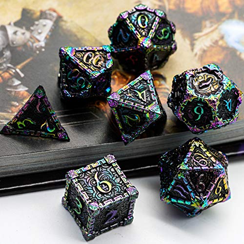 Cusdie 7 Pcs Metal DND Dice with Metal Box, Dagger Design Polyhedral Dice Set, for Role Playing Game D&D Dice (Colorful Black) - color: Colorful Black