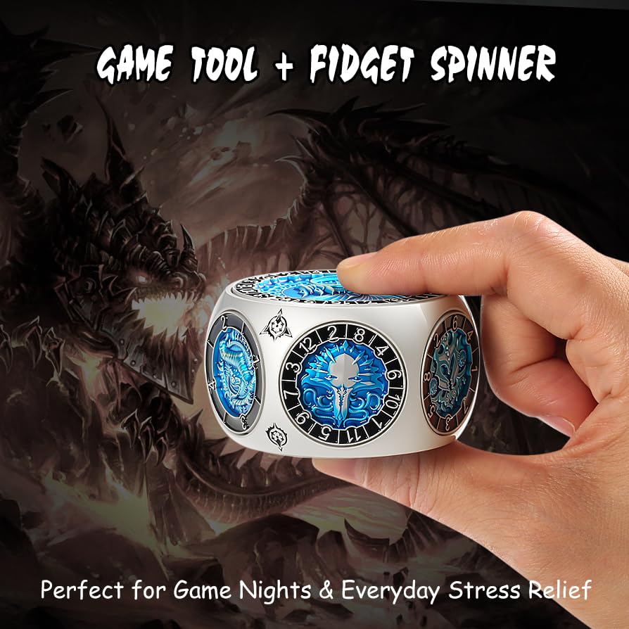 DNDND Unique Hexagonal Spinner Metal Dice, 8-in-1 DND Dice with Dual D20 Monster Themed Dice Set for DND Dungeons and Dragons, Dungeon Masters with Collectible Gift Tin (Silver with Blue) - color: Silver Blue