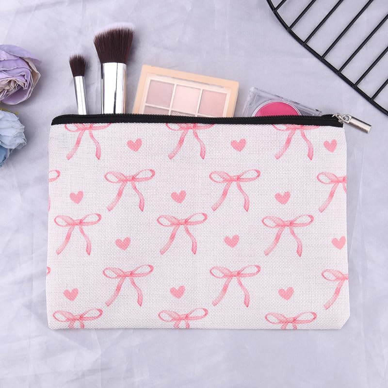 Coquette Preppy Aesthetic Makeup Bag Pink Bow Heart Travel Cosmetic Bag for Women Girl Coquette Pencil Pouch Cute Travel Skincare Bags Organizer Trendy Preppy Stuff Christmas Birthday Gifts - color: Bow Heart