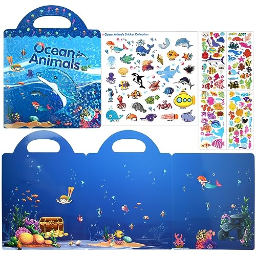 ASTARON Reusable Sticker Book for Toddlers, 88 Pcs Ocean Stickers Road Trip Activities Car Airplane Activities Travel Toys for Kids, Kids Quiet Time Activities (2-6 Age) - style: Ocean animals