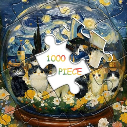 Cat Puzzles for Adults 1000 Pieces, Impossible Kitty Crystal Ball Flowers Jigsaw Puzzles, Van Gogh Starry Night Puzzle, Beautiful Kitten Floral Oil Painting Home Decor - style: Cats Crystal Ball puzzle