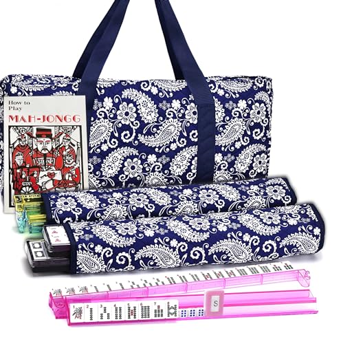 Mose Cafolo American Mahjong Set, Blue Paisley Carrying Bag,166 Premium White Tiles,4 All-in-One Color Rack/Pushers Complete Mahjong Tiles Set (Ma Jong, Mah-Jongg, Majiang) - color: American Mahjong With Blue Paisley Bag