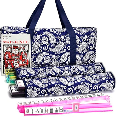 Mose Cafolo American Mahjong Set, Blue Paisley Carrying Bag,166 Premium White Tiles,4 All-in-One Color Rack/Pushers Complete Mahjong Tiles Set (Ma Jong, Mah-Jongg, Majiang) - color: American Mahjong With Blue Paisley Bag