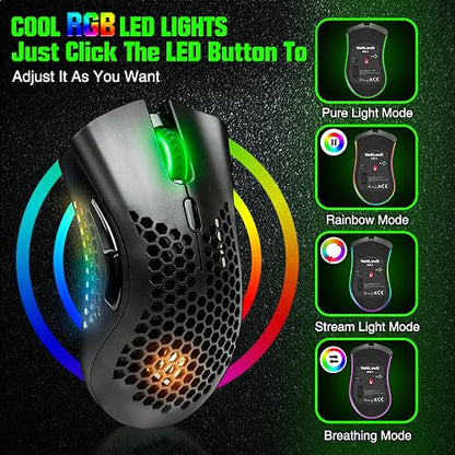 WolfLawS KM-1 RGB Wireless Gaming Mouse with Honeycomb Shell Computer Mouse | 2.4G USB Receiver, 6 Buttons, 3 Adjustable DPI, Rechargeable Ergonomic Mouse for PC Mac Laptop