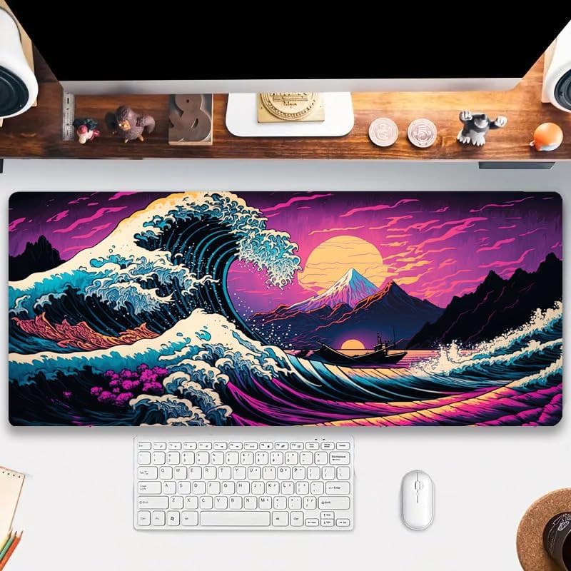 Simpkeely Japanese Sea Wave Mouse Pad, Blacklight Kanagawa Waterproof Gaming Extended Large Desk Pad Long Computer Keyboard Big Mouse Mat with 3mm Non-Slip Rubber Base for Office Home - 31.5" x 11.8" - color: Japanese Sea Wave