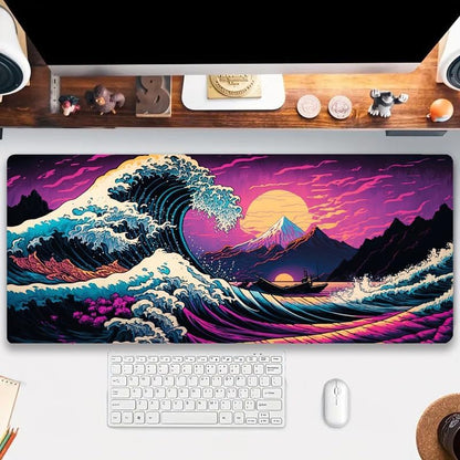 Simpkeely Japanese Sea Wave Mouse Pad, Blacklight Kanagawa Waterproof Gaming Extended Large Desk Pad Long Computer Keyboard Big Mouse Mat with 3mm Non-Slip Rubber Base for Office Home - 31.5" x 11.8" - color: Japanese Sea Wave