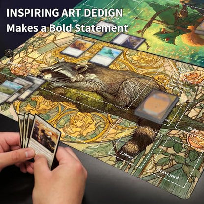 Card Playmat 24" x 14" TCG Game Mat for MTG and Other Card Games, Premium Stitched Card Gameplay Mat with Non-Slip Rubber Backing Board Games Desk Duel Mats, Art Nouveau Sleeping Raccoon - color: Art Nouveau Sleeping Raccoon, size: 24"X14" Without Zones