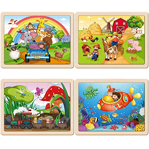 SYNARRY Large Animals Wooden Puzzles for Kids 4 in 1 Gift Box(12.2 * 9.4 in), Jigsaw Puzzles for Toddlers 3-5, Puzzles for Kids Ages 4-6, Easter Basket Stuffers Gifts Toys for Kids - style: Animals