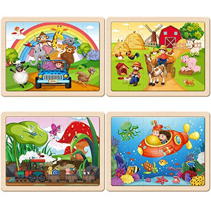 SYNARRY Large Animals Wooden Puzzles for Kids 4 in 1 Gift Box(12.2 * 9.4 in), Jigsaw Puzzles for Toddlers 3-5, Puzzles for Kids Ages 4-6, Easter Basket Stuffers Gifts Toys for Kids - style: Animals