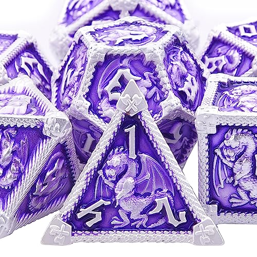 AUSTOR 7-Die Metal DND Dice Set Dungeons and Dragons Polyhedral Roll Playing Dice with Box D20 D12 D10 D% D8 D6 D4 for Pathfinder MTG RPG Board Games - color: Violet With Silver Edge