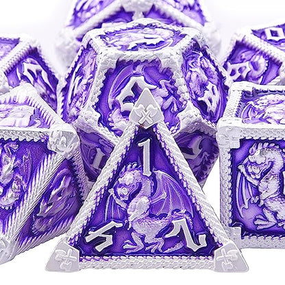 AUSTOR 7-Die Metal DND Dice Set Dungeons and Dragons Polyhedral Roll Playing Dice with Box D20 D12 D10 D% D8 D6 D4 for Pathfinder MTG RPG Board Games - color: Violet With Silver Edge