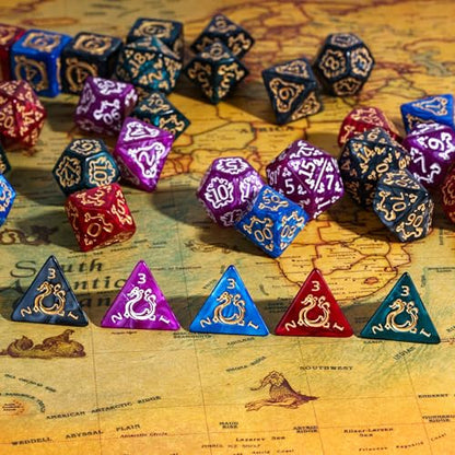5 Sets/35PCS DND Dice Set Dragon Pattern Polyhedral Die with Leather Bag D&D Dice Set for RPG Table Games - color: 5 Sets Dragon Pattern
