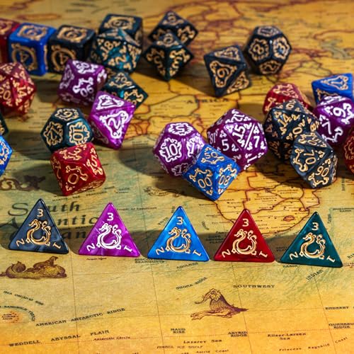 5 Sets/35PCS DND Dice Set Dragon Pattern Polyhedral Die with Leather Bag D&D Dice Set for RPG Table Games - color: 5 Sets Dragon Pattern