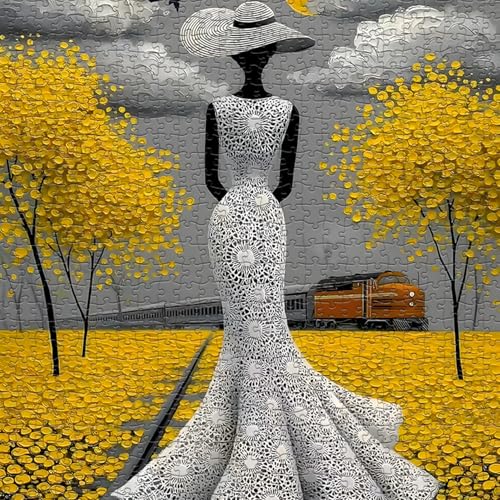 Beauty Women Puzzle for Adults 1000 Pieces, Vintage Elegant Black Lady Scenic Puzzle Aesthetic Art, Narure Plant Tree Challenge Jigsaw Puzzle Painting - style: Elegant Trajectory Puzzle