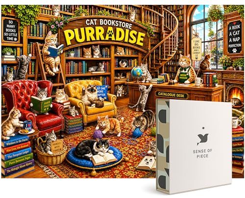 Cat Bookstore Purradise 1000 Piece Jigsaw Puzzle, Cozy Library Cats Theme, 19.68 x 27.56 Inches