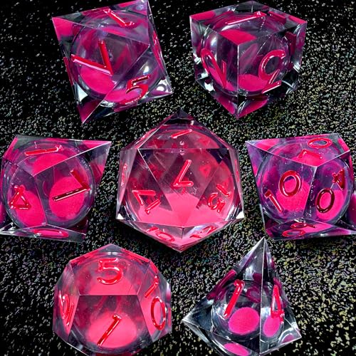 HAOMEJA Glowing Quicksand Resin Dice Set DND 7 Pcs D&D Resin Sharp Edge Role Playing Dice with Dragon Eye Bag, Polyhedral Dungeons and Dragons Dice D20 D12 D10 D100(00-90) D8 D6 D4 (Black & Red) - color: Glowing Red & Black