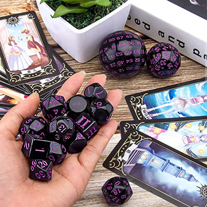 AUSTOR 15 Pieces Complete Polyhedral Dice Set D3-D100 Game Dice Set with a Leather Drawstring Storage Bag for Role Playing Table Games(Black & Purple) - color: Black & Purple
