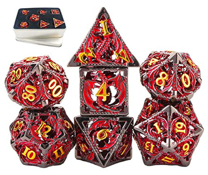 Metal DND Dice Set Dungeons and Dragon Dice Set Hollow Dragon Polyhedral Magic 7 PCS Dice Set with Gift Metal Box for Dungeons and Dragons Table Games Play Cards MTG(Dragon_Black Red Plus Gold) - color: Dragon_black Red Plus Gold