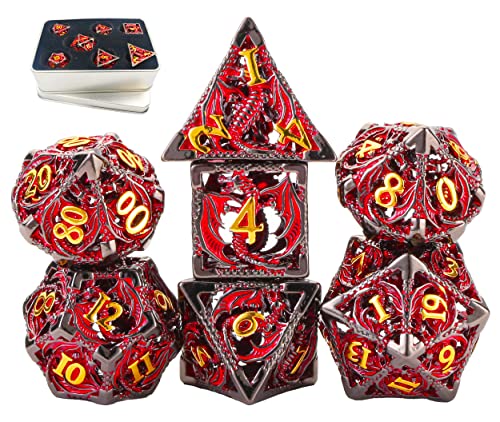 Metal DND Dice Set Dungeons and Dragon Dice Set Hollow Dragon Polyhedral Magic 7 PCS Dice Set with Gift Metal Box for Dungeons and Dragons Table Games Play Cards MTG(Dragon_Black Red Plus Gold) - color: Dragon_black Red Plus Gold