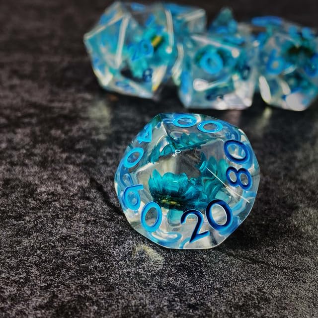 Sage’s Portal Cantrips DND Dice Set - Round Edge Resin 7-PC Polyhedral DND Dice Set for Dungeons and Dragons D&D RPG Tabletop TTRPG (Blue Flowers) - color: Blue Flowers