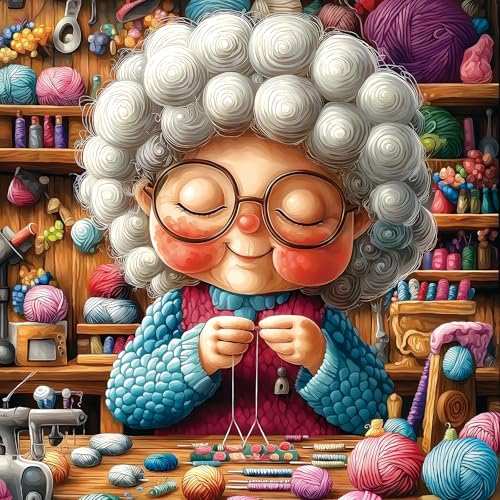 Knitting Grandma 500 Piece Puzzle for Adults Cozy Craft Room Colorful Yarn Balls Jigsaw Puzzle with Letters on Back Fun Cute Cartoon Relax Puzzles for Seniors Family - color: Knitting Grandma, size: (20"x20")
