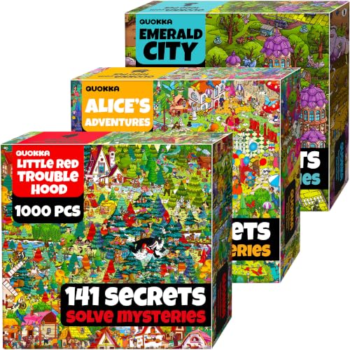 QUOKKA 1000 Piece Puzzle for Adults Set of 3 Fairy Tales – Alice in Wonderland, Emerald Kingdom & Red Riding Hood – Jigsaw Puzzles for Adults 1000 Pieces Hidden Secrets & Audio Story – Creativity Gift - color: Fairy