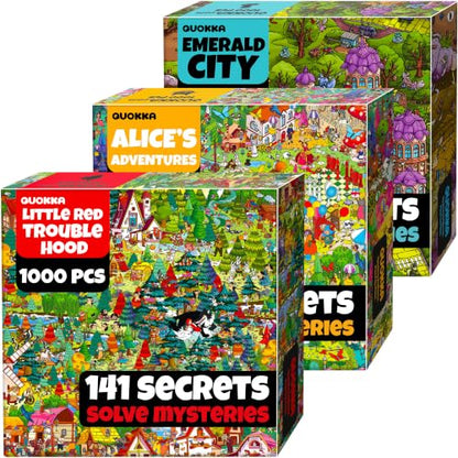 QUOKKA 1000 Piece Puzzle for Adults Set of 3 Fairy Tales – Alice in Wonderland, Emerald Kingdom & Red Riding Hood – Jigsaw Puzzles for Adults 1000 Pieces Hidden Secrets & Audio Story – Creativity Gift - color: Fairy