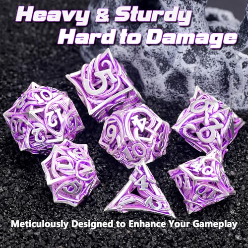 FONVGOGO Metal DND Dice Set of 7 for Dungeons and Dragons Hollow Polyhedral Metal Vine Dice Set DND with Case Role Playing D and D RPG Dice for Tabletop Games Ttrpg (Vine White Purple) - color: Vine White Purple