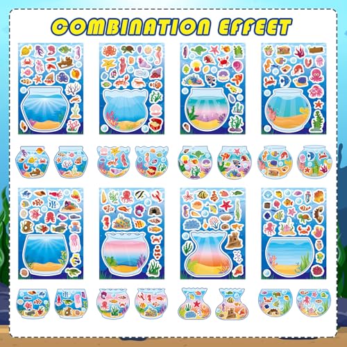 Ocean Animal Stickers, Make Your Own Sea Animal Fish Tank Scene Sticker | Make a Face Sticker Sheets for Kids, Goodie Bags Stuffers, Summer Party Favors Activities - style: Fish Tank