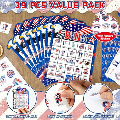39Pcs 4th of July Bingo Game for Adults Kids 24 Players Eagle Shape Bingo Game Cards with Reward Stickers for Family Friend Student Large Group Activities Independence Day Patriotic Party Favors - style: 4th of July
