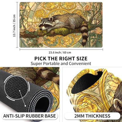 Card Playmat 24" x 14" TCG Game Mat for MTG and Other Card Games, Premium Stitched Card Gameplay Mat with Non-Slip Rubber Backing Board Games Desk Duel Mats, Art Nouveau Sleeping Raccoon - color: Art Nouveau Sleeping Raccoon, size: 24"X14" Without Zones