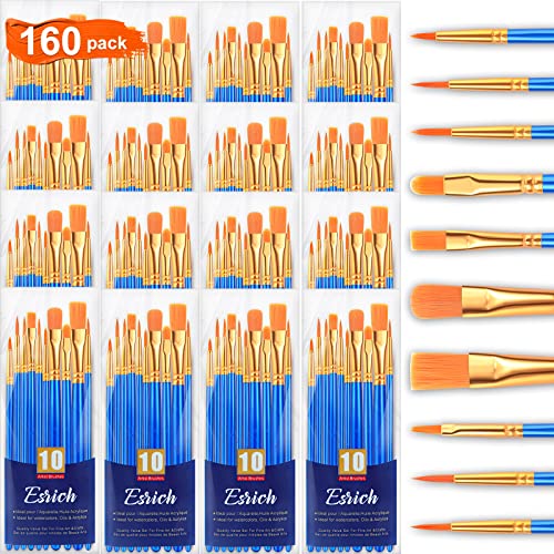 ESRICH Acrylic Paint Brushes Set, 16 Packs /160 Pcs, Nylon Brush Head, Suitable for Acrylic, Oil, Watercolor,Rock Body Face Nail Art,Perfect Suit of Art Painting, Best Gift for Kids Adult Drawing - color: Blue, size: 160