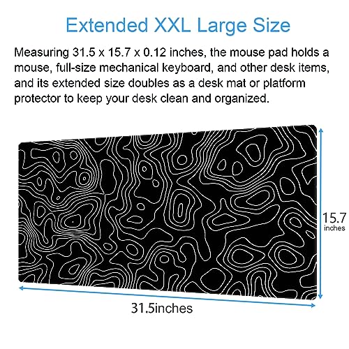 Black and White Topographic Desk Mat, Large Gaming Mouse Pad 31.5x15.7 | Sleek black and white contour line desk mat featuring pixel-precise tracking and a secure anti-slip rubber base. - color: Black Topographic Map