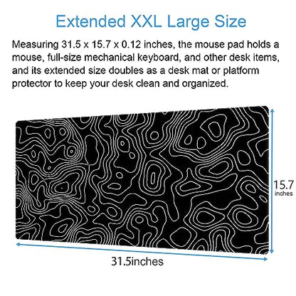 Black and White Topographic Desk Mat, Large Gaming Mouse Pad 31.5x15.7 | Sleek black and white contour line desk mat featuring pixel-precise tracking and a secure anti-slip rubber base. - color: Black Topographic Map