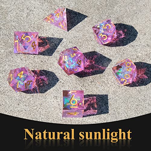 Sharp Edge DND Dice Set Handmade 7 Accessories Dice for Dungeons and Dragons TTRPG Games, Multi-Sided RPG Polyhedral Resin Sharp Edge Dice Roleplaying Games - color: Dice-pink Purple6