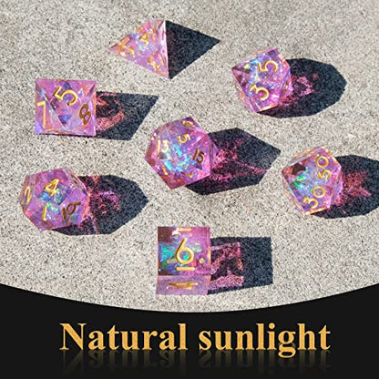 Sharp Edge DND Dice Set Handmade 7 Accessories Dice for Dungeons and Dragons TTRPG Games, Multi-Sided RPG Polyhedral Resin Sharp Edge Dice Roleplaying Games - color: Dice-pink Purple6