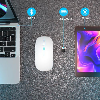 AIKOKOK Wireless Bluetooth Mouse, Rechargeable Dual Mode Mouse, White | BT 5.2 & 2.4G USB Receiver, 3 Adjustable DPI,LED Lights,Slim,Silent,Portable Computer Mouse for Laptop,PC,MacBook,iPad,Tablet - color: White