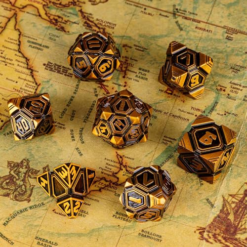 Metal UFO Dice Set, 7 Die Metal Polyhedral Dice Set for DND Dungeons and Dragons Role Playing Games,with Skull Bag.(Ancient Gold) - color: Ancient Gold