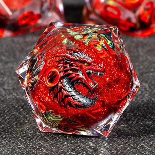 KERWELLSI Liquid Core Dragons Pattern Dice, Resin DND Dice Set with Gift Box, Red Sharp Edged Dungeons D&D Dice, Role Playing Game Dice D20 D12 D10 D8 D6 D4 - color: Red