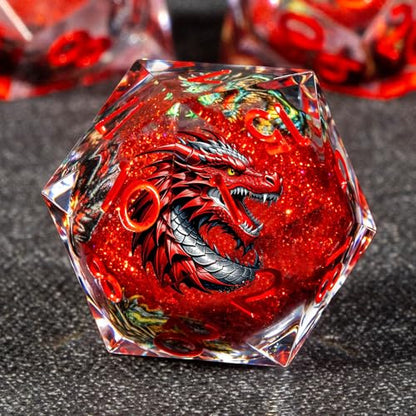 KERWELLSI Liquid Core Dragons Pattern Dice, Resin DND Dice Set with Gift Box, Red Sharp Edged Dungeons D&D Dice, Role Playing Game Dice D20 D12 D10 D8 D6 D4 - color: Red