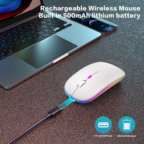 AIKOKOK Wireless Bluetooth Mouse, Rechargeable Dual Mode Mouse, White | BT 5.2 & 2.4G USB Receiver, 3 Adjustable DPI,LED Lights,Slim,Silent,Portable Computer Mouse for Laptop,PC,MacBook,iPad,Tablet - color: White