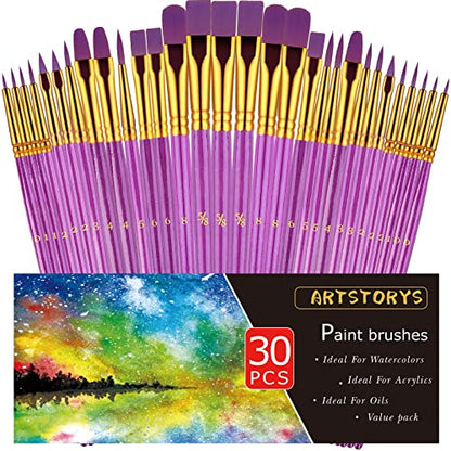 Paint Brushes Set, 30 Pcs Paint Brushes for Acrylic Painting, Watercolor Acrylic Oil Paint Brush, Artist Paintbrushes for Body Face Rock Canvas, Adult Drawing Arts Crafts Supplies, Purple - color: Nickel,purple