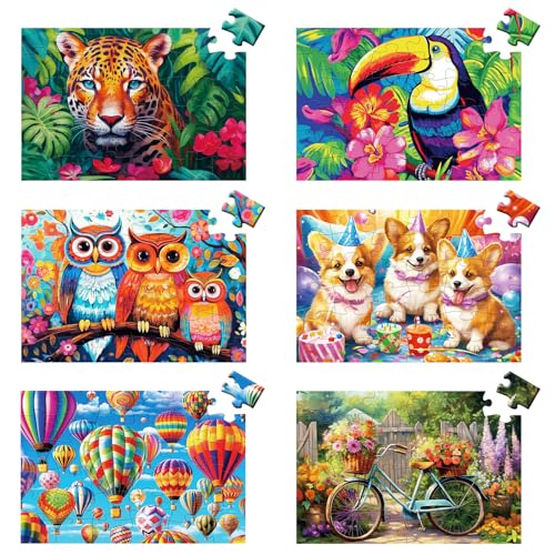 6 Packs 36 Pieces Large Puzzles for Seniors,Dementia Puzzles for Elderly Adults,Jigsaw Puzzles for Adults Seniors with Alzheimer's Dementia with 3 Storage Bags - style: Leopard Toucan Bike