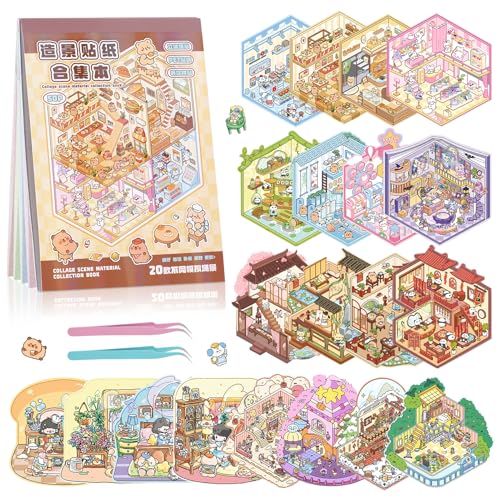 20 Sets 3D Sticker Scene Book for Adults,DIY Create Your Own Mini House | Stickers Cute Kawaii Miniature Scenes for Stress Relief Therapy Pass The Time, Fun Party Favors Gifts for Birthday Holiday - size: Sticker Book 20 Sets