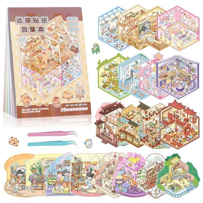 20 Sets 3D Sticker Scene Book for Adults,DIY Create Your Own Mini House | Stickers Cute Kawaii Miniature Scenes for Stress Relief Therapy Pass The Time, Fun Party Favors Gifts for Birthday Holiday - size: Sticker Book 20 Sets