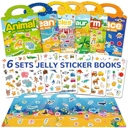 6 Sets Reusable Sticker Book for Toddlers 3-6, Jelly Stickers Book for Kids, Travel Sticker Activity Toys for Childs 3 4 5 6 Years Girls & Boys Best Gifts