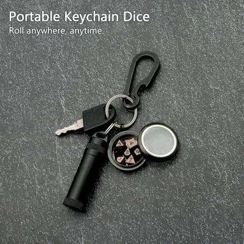 PJOY Mini Dice Set Tiny DND Dice with Necklace Case D&D Portable 7PCS Keychain Antique Copper Metal Dice Set for Role Playing Dice Games Compatible with Dungeons and Dragons Gifts - color: Black Copper