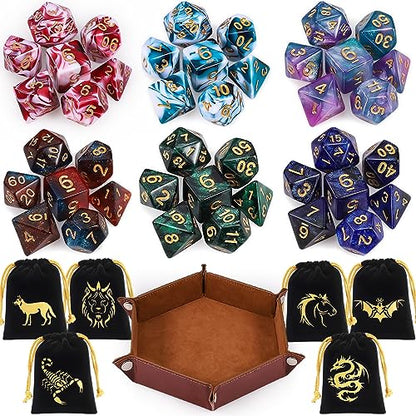 CiaraQ Polyhedral Dice Set - DND Role Playing Dice | Acrylic RPG Dice for Dungeons and Dragons MTG Table Games, Multi-Color, 42pcs - color: Red & White / Blue & White / Blue & Purple / Black & Green / Black & Purple